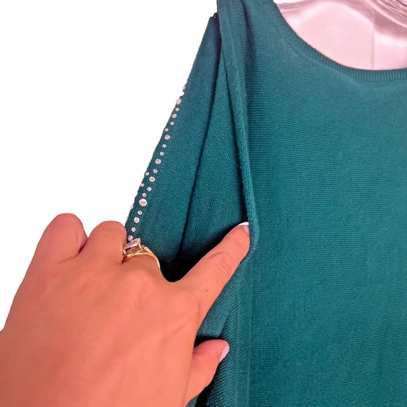 Loft Cold Shoulder Sweater Dark Kelly Green Sweater Rhinestones Sz Large Holiday - Picture 7 of 7